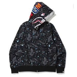 RARE  BAPE Space Camo Shark Full Zip DOUBLE Hoodie  A Bathing Ape Black Gray M